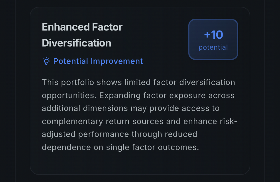 Portfolio insights showing improvement recommendations and educational content